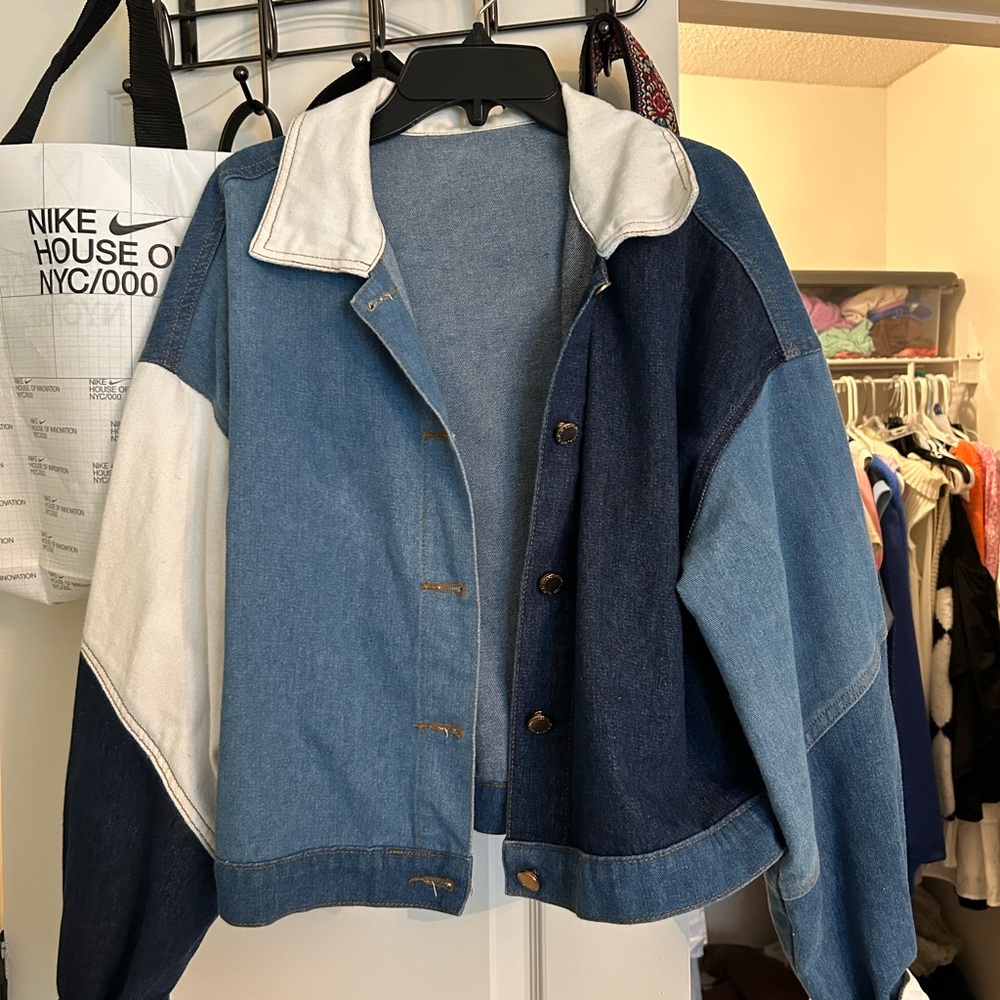 Large Semi-Cropped Jean Jacket with Mixed Shades of Blue and White